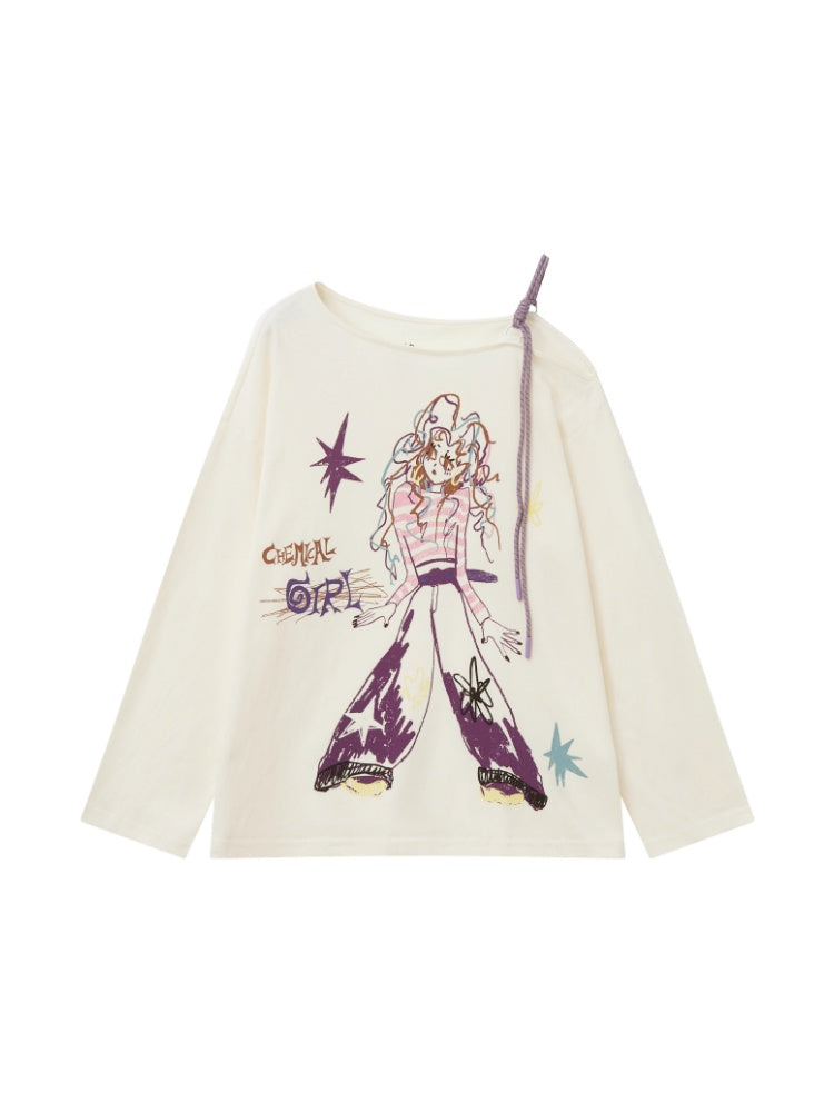 "Girl's Graffiti Manual" Loose Off-The-Shoulder Long Sleeve T-Shirt【s0000014272】