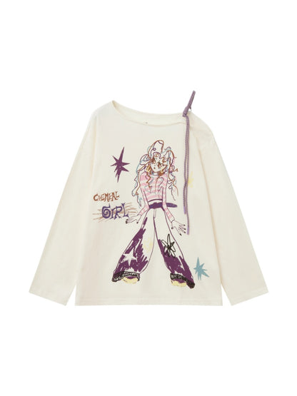 "Girl's Graffiti Manual" Loose Off-The-Shoulder Long Sleeve T-Shirt【s0000014272】