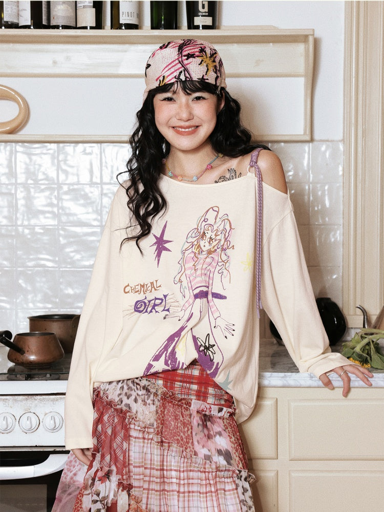 "Girl's Graffiti Manual" Loose Off-The-Shoulder Long Sleeve T-Shirt【s0000014272】