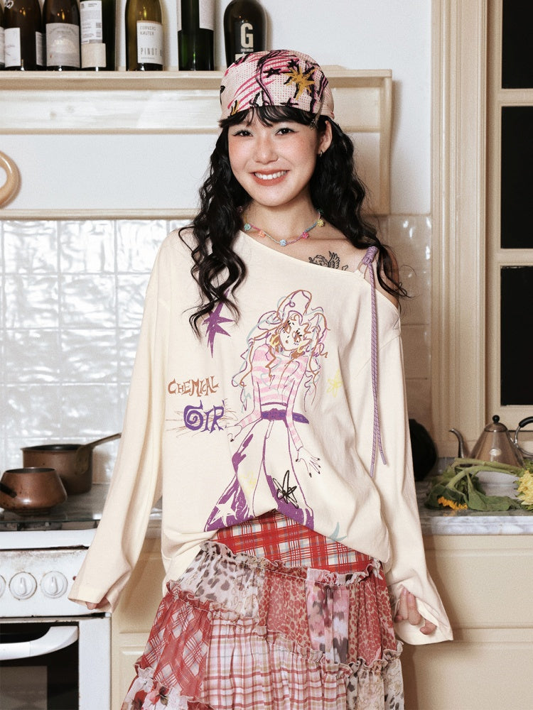 "Girl's Graffiti Manual" Loose Off-The-Shoulder Long Sleeve T-Shirt【s0000014272】