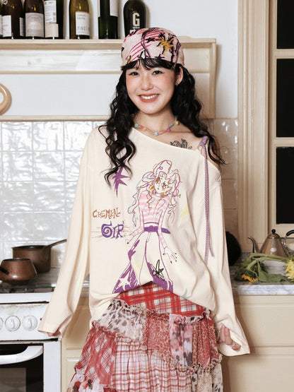 "Girl's Graffiti Manual" Loose Off-The-Shoulder Long Sleeve T-Shirt【s0000014272】