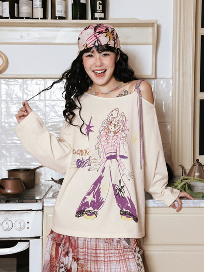 "Girl's Graffiti Manual" Loose Off-The-Shoulder Long Sleeve T-Shirt【s0000014272】