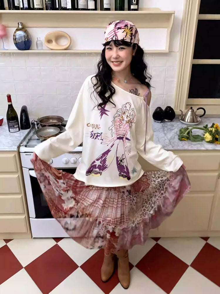 "Girl's Graffiti Manual" Loose Off-The-Shoulder Long Sleeve T-Shirt【s0000014272】