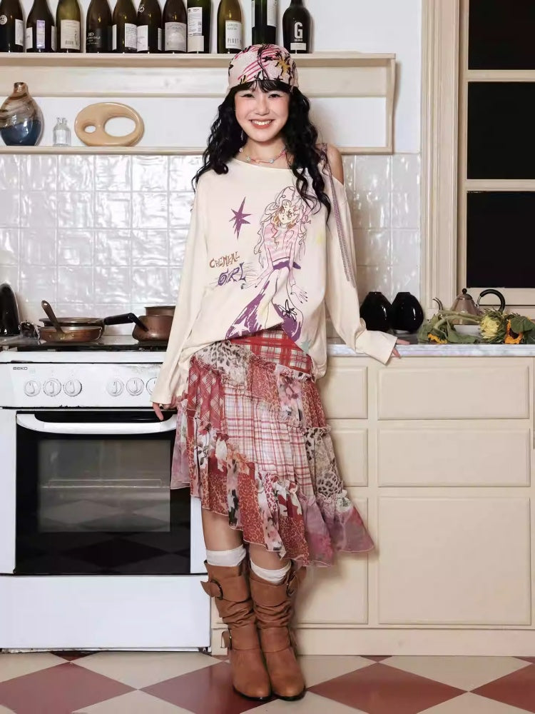 "Girl's Graffiti Manual" Loose Off-The-Shoulder Long Sleeve T-Shirt【s0000014272】