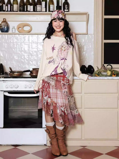 "Girl's Graffiti Manual" Loose Off-The-Shoulder Long Sleeve T-Shirt【s0000014272】