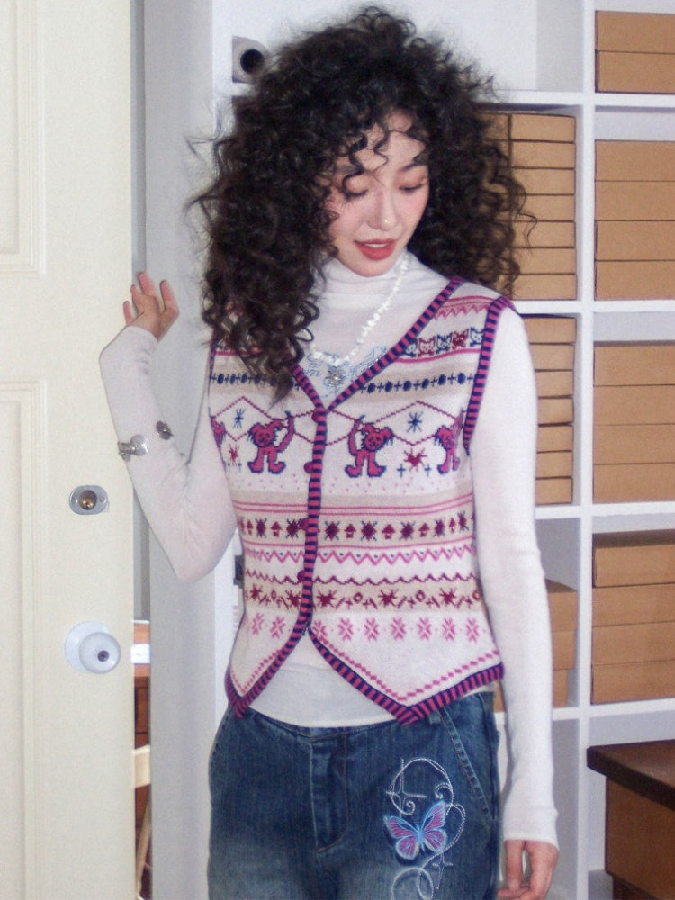 "Rebellious Fair Island" Merino Wool Slim With Knitted Vest【s0000014273】