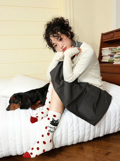 "Cat Hunt" Cute Contrasting Polka Dot Kitten Pattern Warm & Breathable Socks【s0000014274】