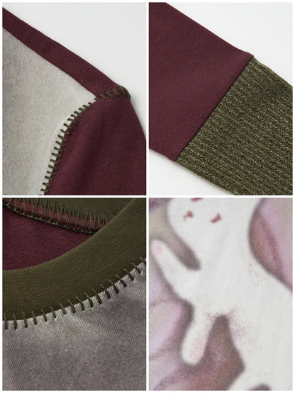 "Healing Sleepwalking" Flower Gauze Pit Strip Splicing Round Neck Long-Sleeved T-Shirt【s0000014276】