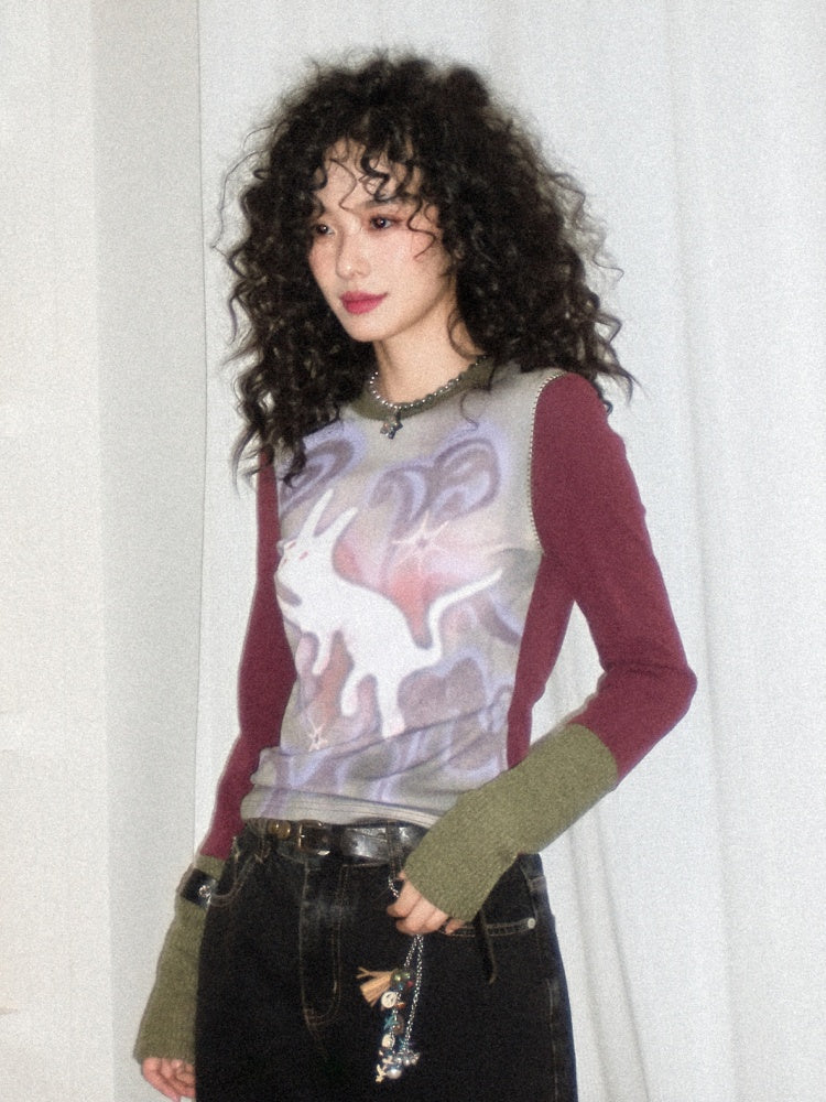 "Healing Sleepwalking" Flower Gauze Pit Strip Splicing Round Neck Long-Sleeved T-Shirt【s0000014276】