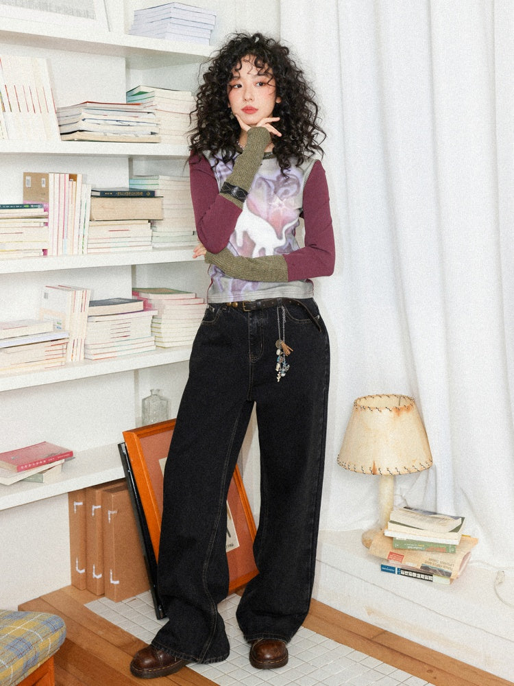 "Healing Sleepwalking" Flower Gauze Pit Strip Splicing Round Neck Long-Sleeved T-Shirt【s0000014276】