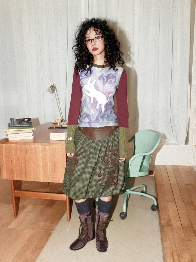 "Healing Sleepwalking" Flower Gauze Pit Strip Splicing Round Neck Long-Sleeved T-Shirt【s0000014276】