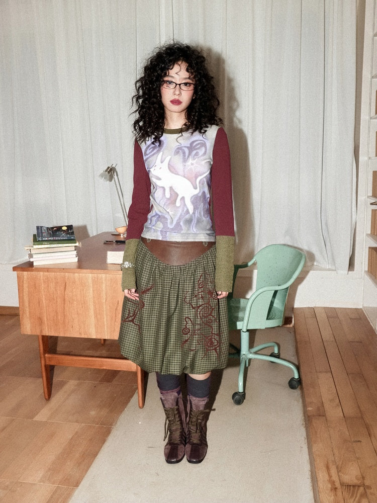 "Healing Sleepwalking" Flower Gauze Pit Strip Splicing Round Neck Long-Sleeved T-Shirt【s0000014276】