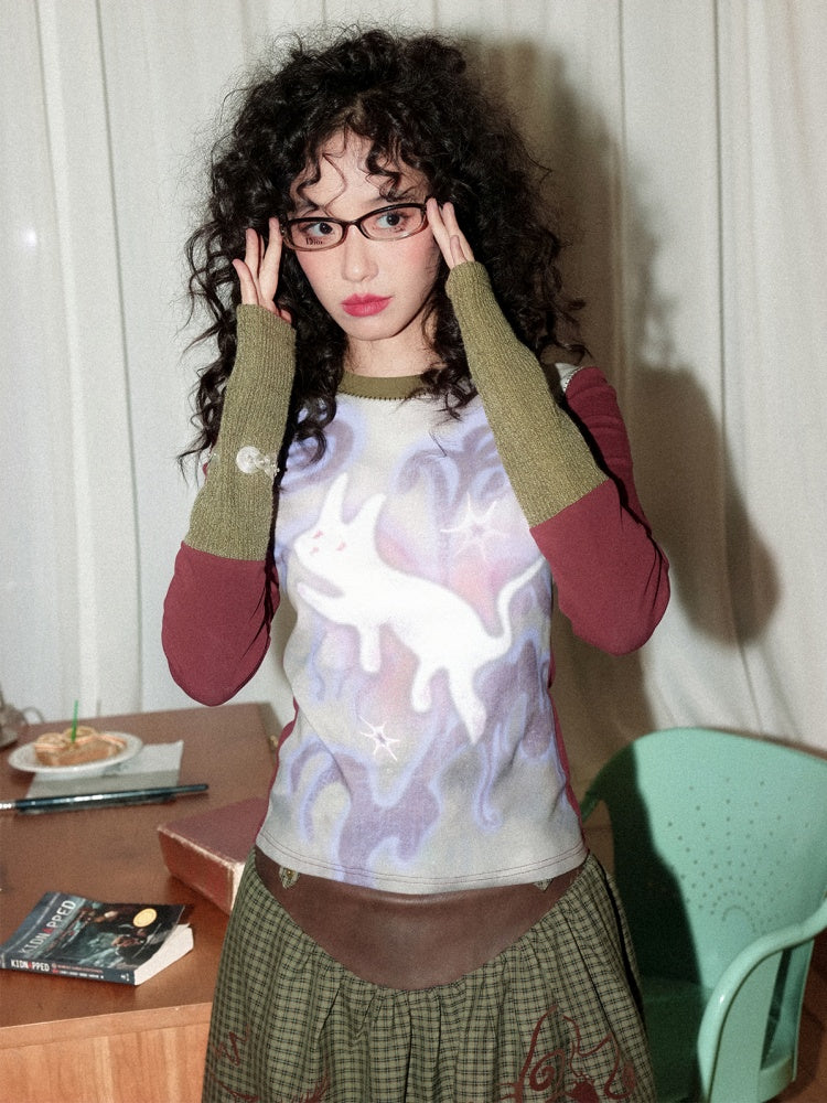 "Healing Sleepwalking" Flower Gauze Pit Strip Splicing Round Neck Long-Sleeved T-Shirt【s0000014276】