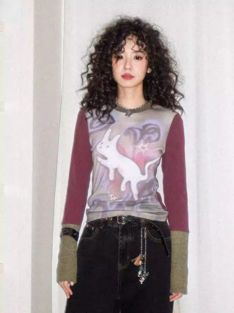 "Healing Sleepwalking" Flower Gauze Pit Strip Splicing Round Neck Long-Sleeved T-Shirt【s0000014276】