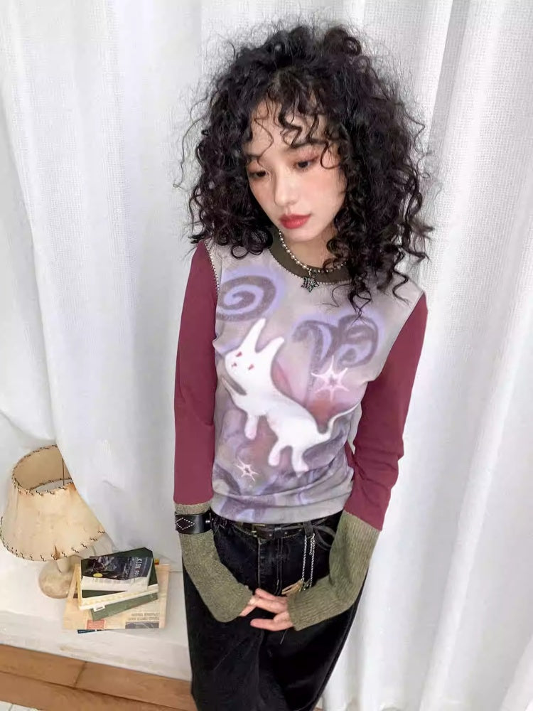 "Healing Sleepwalking" Flower Gauze Pit Strip Splicing Round Neck Long-Sleeved T-Shirt【s0000014276】