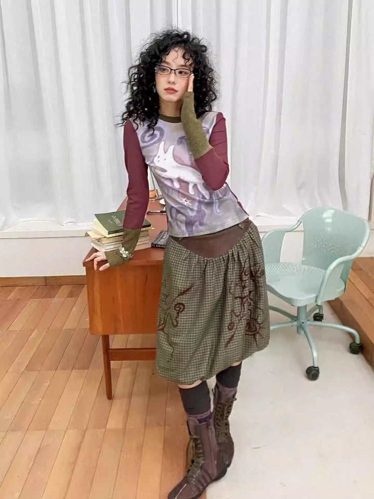 "Healing Sleepwalking" Flower Gauze Pit Strip Splicing Round Neck Long-Sleeved T-Shirt【s0000014276】