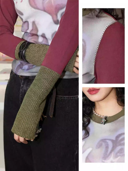 "Healing Sleepwalking" Flower Gauze Pit Strip Splicing Round Neck Long-Sleeved T-Shirt【s0000014276】