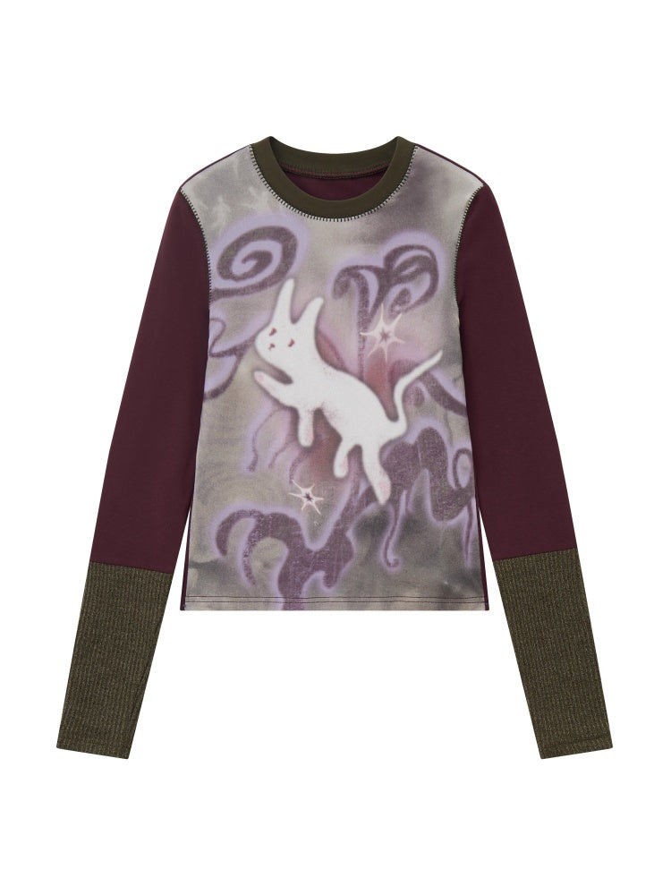 "Healing Sleepwalking" Flower Gauze Pit Strip Splicing Round Neck Long-Sleeved T-Shirt【s0000014276】