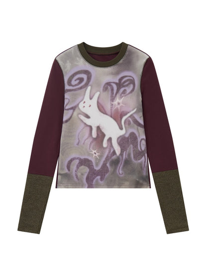 "Healing Sleepwalking" Flower Gauze Pit Strip Splicing Round Neck Long-Sleeved T-Shirt【s0000014276】