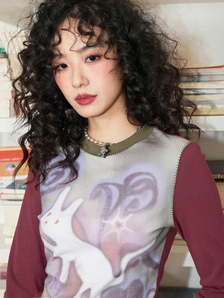 "Healing Sleepwalking" Flower Gauze Pit Strip Splicing Round Neck Long-Sleeved T-Shirt【s0000014276】