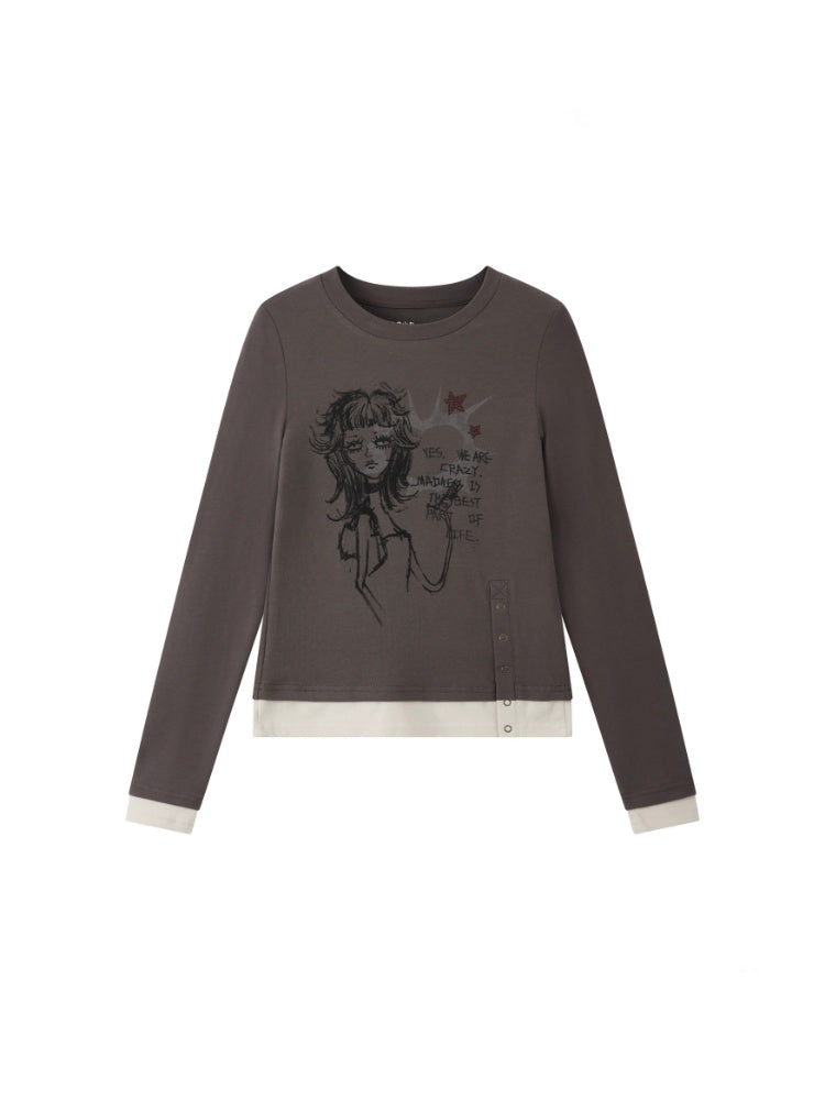 "Gray Humor" Front Shoulder Crew Neck Hem Slit Long Sleeve T-Shirt【s0000014277】