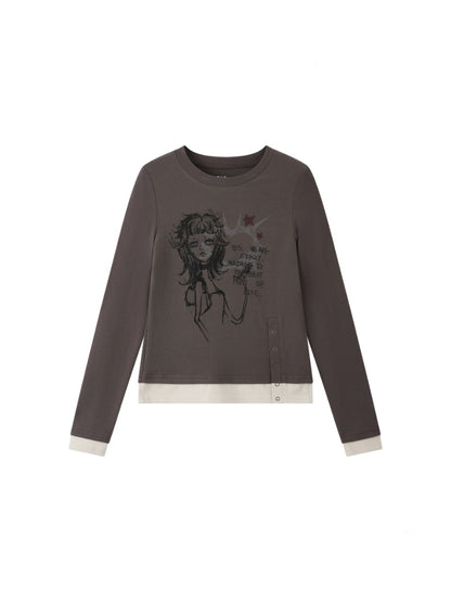 "Gray Humor" Front Shoulder Crew Neck Hem Slit Long Sleeve T-Shirt【s0000014277】