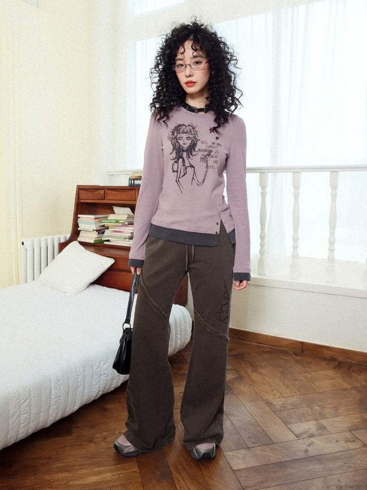 "Gray Humor" Front Shoulder Crew Neck Hem Slit Long Sleeve T-Shirt【s0000014277】