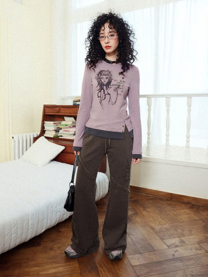 "Gray Humor" Front Shoulder Crew Neck Hem Slit Long Sleeve T-Shirt【s0000014277】