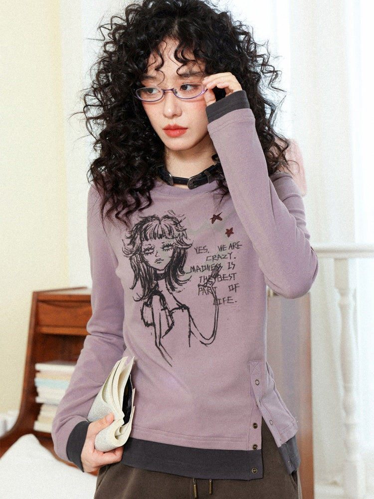 "Gray Humor" Front Shoulder Crew Neck Hem Slit Long Sleeve T-Shirt【s0000014277】