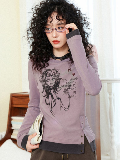 "Gray Humor" Front Shoulder Crew Neck Hem Slit Long Sleeve T-Shirt【s0000014277】