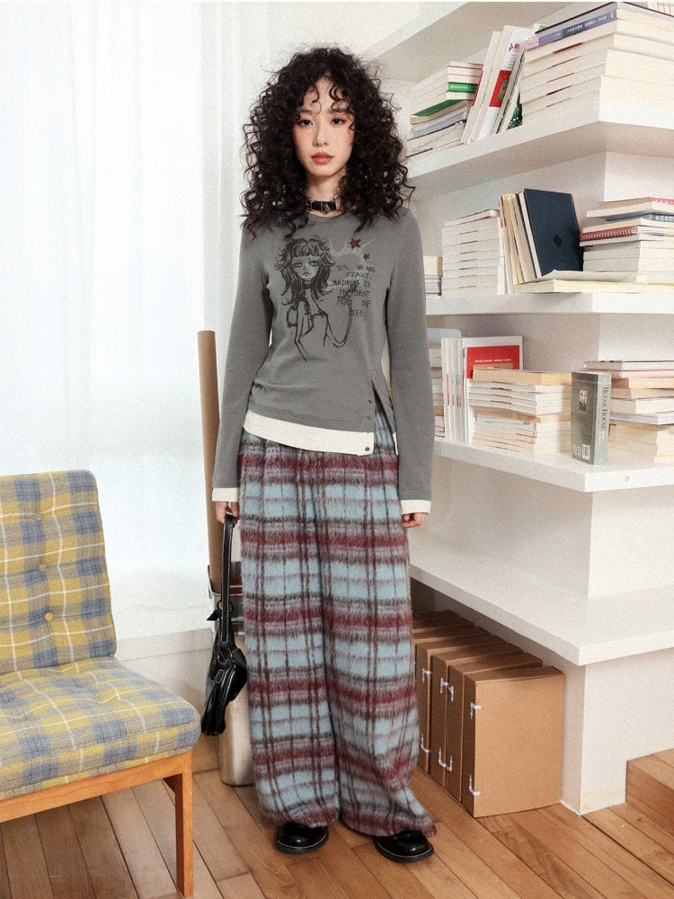 "Gray Humor" Front Shoulder Crew Neck Hem Slit Long Sleeve T-Shirt【s0000014277】