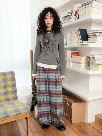 "Gray Humor" Front Shoulder Crew Neck Hem Slit Long Sleeve T-Shirt【s0000014277】