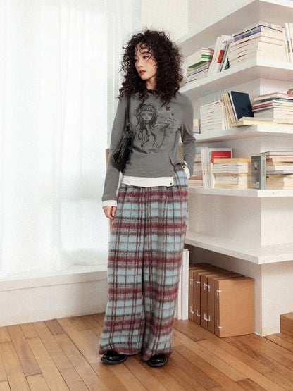 "Gray Humor" Front Shoulder Crew Neck Hem Slit Long Sleeve T-Shirt【s0000014277】