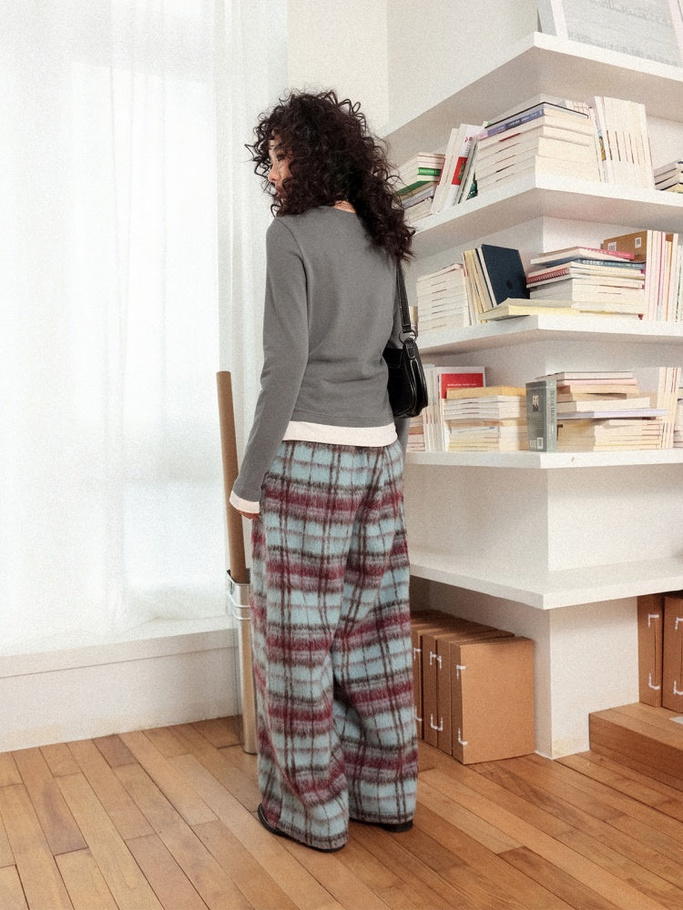 "Gray Humor" Front Shoulder Crew Neck Hem Slit Long Sleeve T-Shirt【s0000014277】