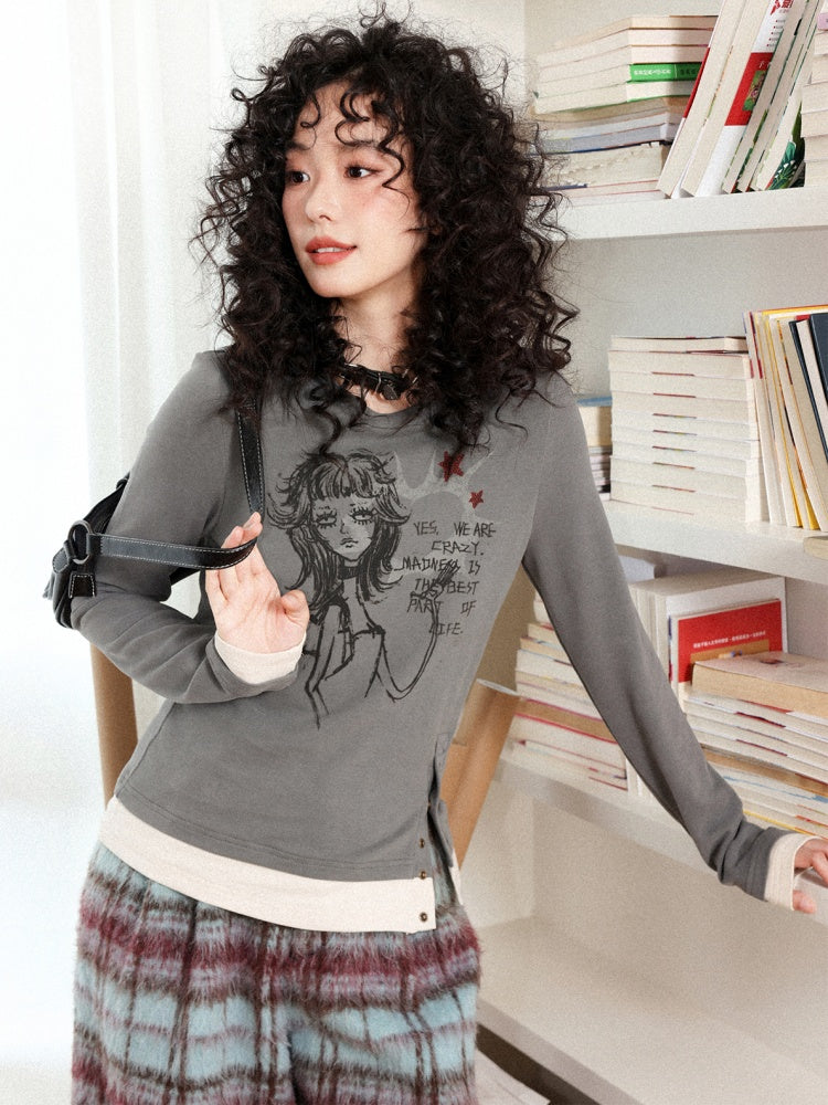 "Gray Humor" Front Shoulder Crew Neck Hem Slit Long Sleeve T-Shirt【s0000014277】