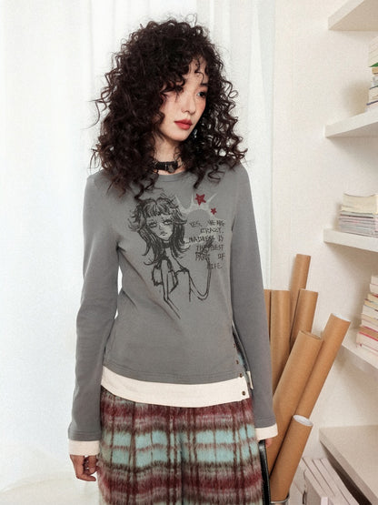 "Gray Humor" Front Shoulder Crew Neck Hem Slit Long Sleeve T-Shirt【s0000014277】