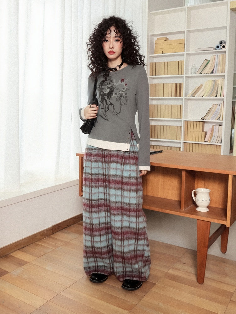 "Gray Humor" Front Shoulder Crew Neck Hem Slit Long Sleeve T-Shirt【s0000014277】