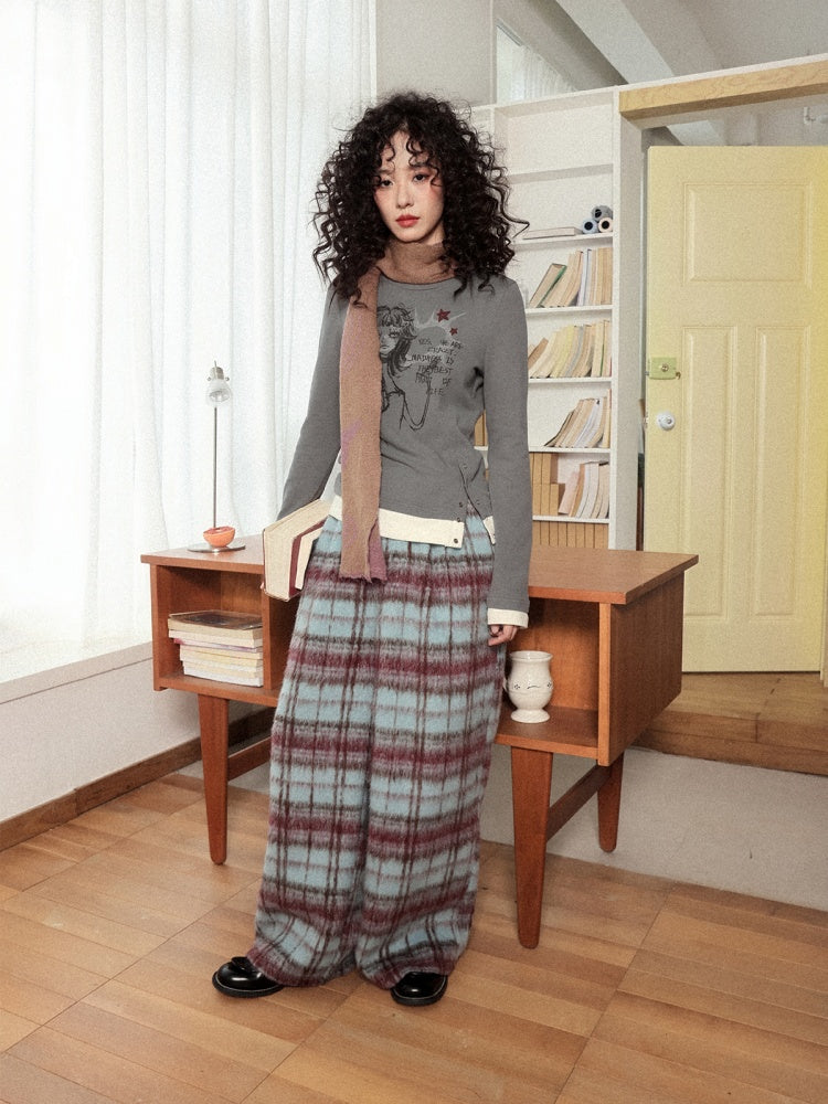 "Gray Humor" Front Shoulder Crew Neck Hem Slit Long Sleeve T-Shirt【s0000014277】