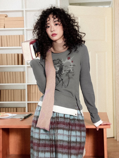 "Gray Humor" Front Shoulder Crew Neck Hem Slit Long Sleeve T-Shirt【s0000014277】