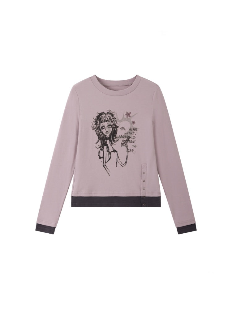 "Gray Humor" Front Shoulder Crew Neck Hem Slit Long Sleeve T-Shirt【s0000014277】