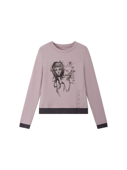 "Gray Humor" Front Shoulder Crew Neck Hem Slit Long Sleeve T-Shirt【s0000014277】