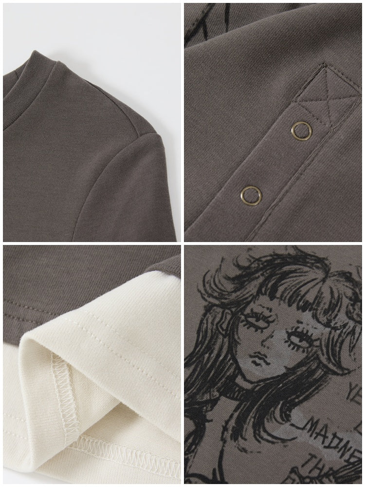 "Gray Humor" Front Shoulder Crew Neck Hem Slit Long Sleeve T-Shirt【s0000014277】