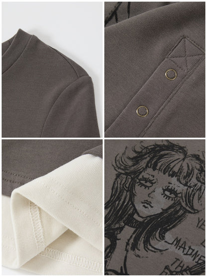 "Gray Humor" Front Shoulder Crew Neck Hem Slit Long Sleeve T-Shirt【s0000014277】