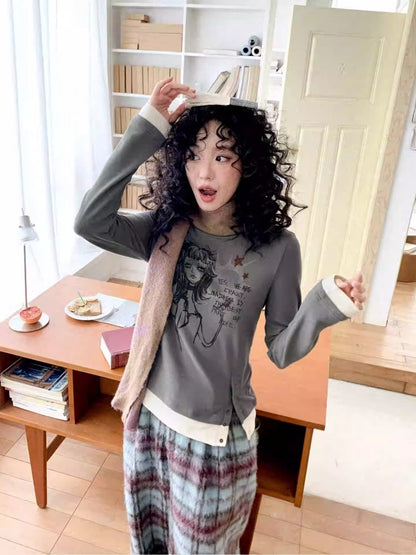 "Gray Humor" Front Shoulder Crew Neck Hem Slit Long Sleeve T-Shirt【s0000014277】