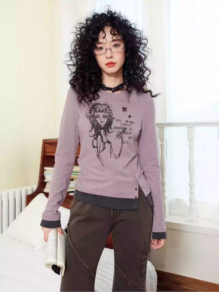 "Gray Humor" Front Shoulder Crew Neck Hem Slit Long Sleeve T-Shirt【s0000014277】