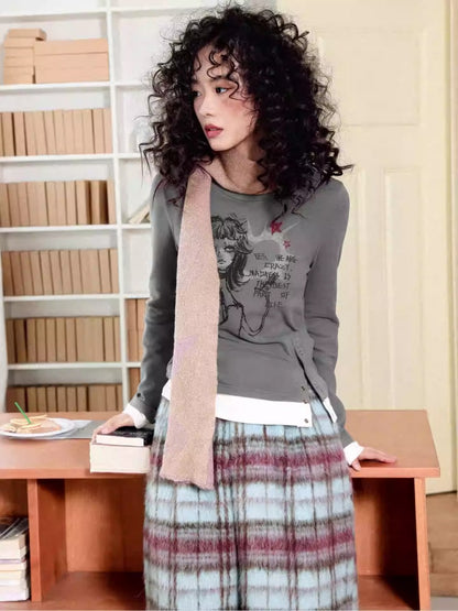 "Gray Humor" Front Shoulder Crew Neck Hem Slit Long Sleeve T-Shirt【s0000014277】