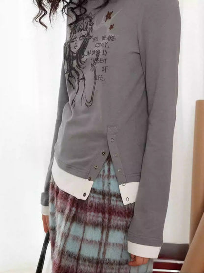 "Gray Humor" Front Shoulder Crew Neck Hem Slit Long Sleeve T-Shirt【s0000014277】