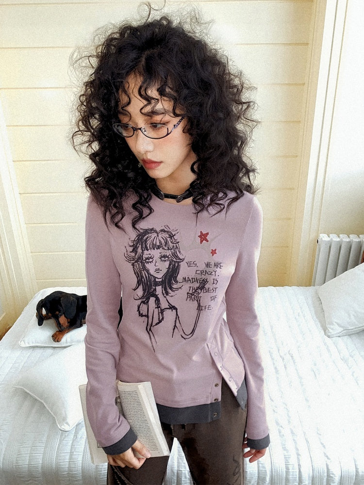 "Gray Humor" Front Shoulder Crew Neck Hem Slit Long Sleeve T-Shirt【s0000014277】