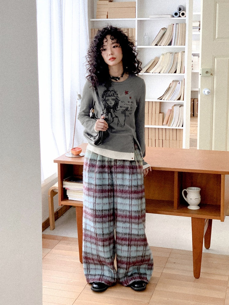 "Gray Humor" Front Shoulder Crew Neck Hem Slit Long Sleeve T-Shirt【s0000014277】