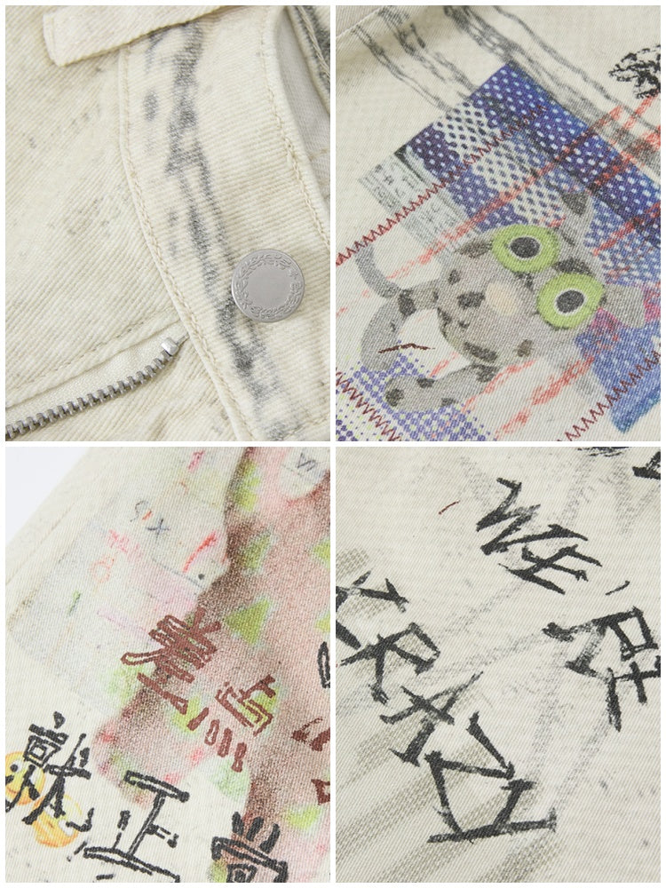 "Crazy Wish In The Workplace" Cotton Printed Loose Denim Scimitar Pants【s0000014278】